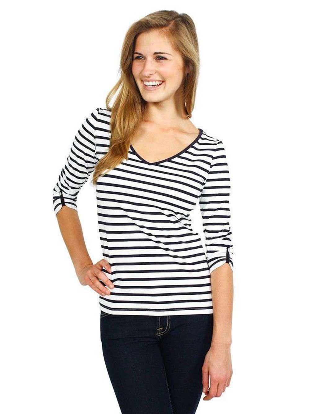 Saint James Anemone Striped Shirt in White and Navy